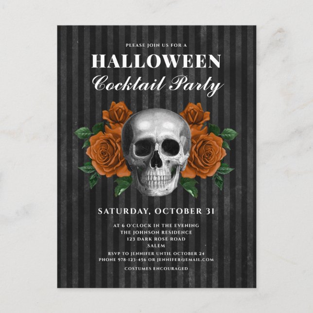 Postal Rosas góticos y Fiesta de cócteles de Halloween (Anverso)