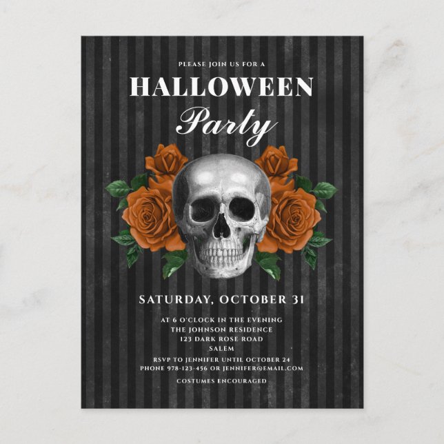 Postal Rosas góticos y fiesta de Halloween con cráneo (Anverso)