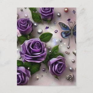 Postal Rosas morados y perlas