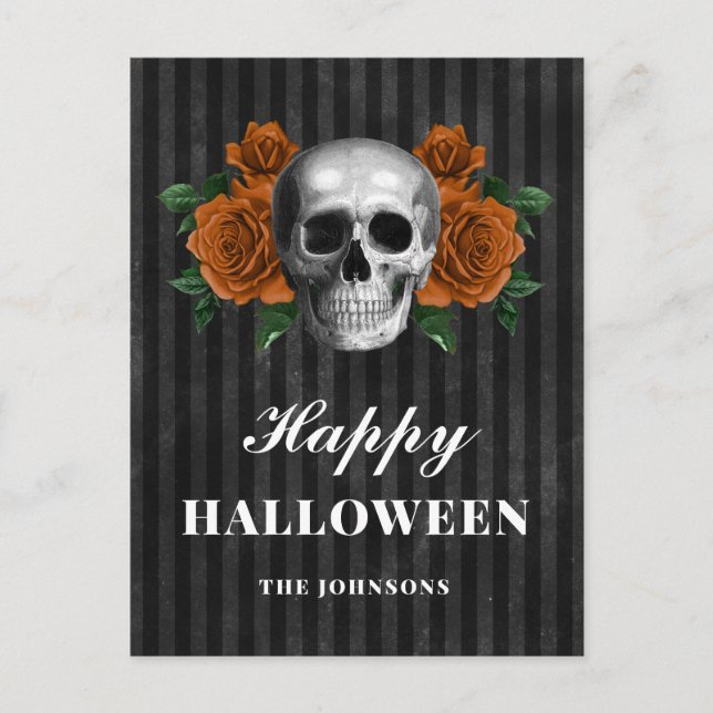 Postal Rosas negros góticos y cráneo feliz Halloween (Anverso)