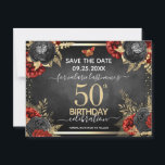 Postal Rosas negros rojos 50 cumpleaños Salven la fecha<br><div class="desc">Rosas rojas,  falsas hojas de Relieve metalizado de oro,  minúscula mariposa roja y dorada. Elegante diseño floral para cualquier celebración de cumpleaños. Fácil de personalizar con plantilla. Magnífico guardar el diseño de la plantilla de cumpleaños de fecha.</div>