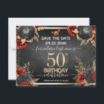 Postal Rosas negros rojos 50 cumpleaños Salven la fecha<br><div class="desc">Rosas rojas,  falsas hojas de Relieve metalizado de oro,  minúscula mariposa roja y dorada. Elegante diseño floral para cualquier celebración de cumpleaños. Fácil de personalizar con plantilla. Magnífico guardar el diseño de la plantilla de cumpleaños de fecha.</div>