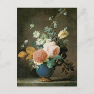 Postal Rosas, Ranunculus y otras flores en una malla azul