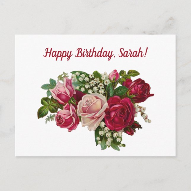 Postal Rosas retro de la cosecha de cumpleaños felices y  (Anverso)