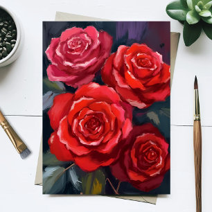 Postal Rosas Rojas Flores Pintadas Acuarela Floral