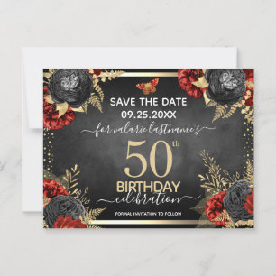 Postal Rosas Rojas Negras Cumpleaños 50 Save the Date