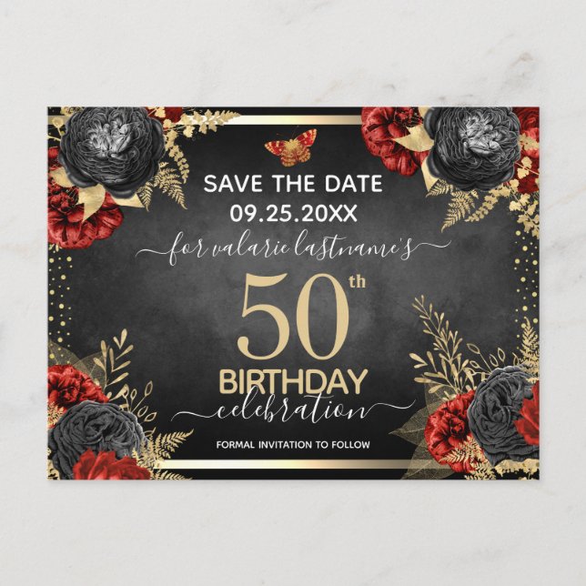 Postal Rosas Rojas Negras Cumpleaños 50 Save the Date (Anverso)