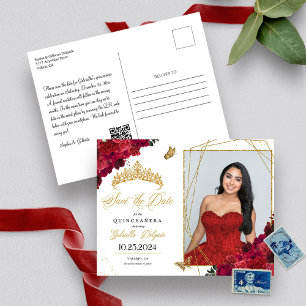 Postal Rosas Rojas & Tiara de Oro Quinceañera Foto Tarjet