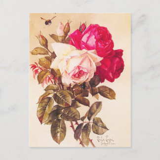 Postal Rosas rojas y rosas rosadas románticas victorianas
