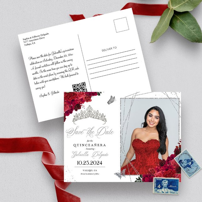 Postal Rosas rojas y tiara de plata Quinceañera Foto (Subido por el creador)