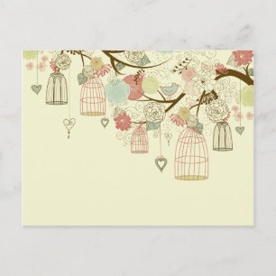 Postal Rosas románticos, pájaros, birdcages, vintage