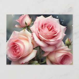 Postal rosas rosa claro bonito jardín acuarela pintura