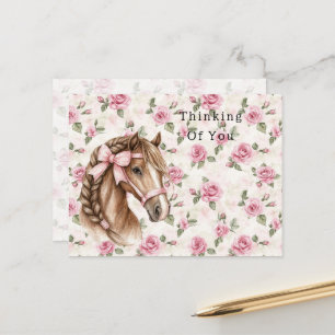 Postal Rosas rosadas caballo floral con lazo pensando en