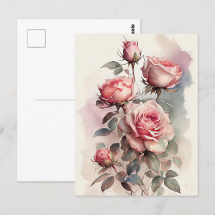Postal Rosas rosadas vintage acuarela