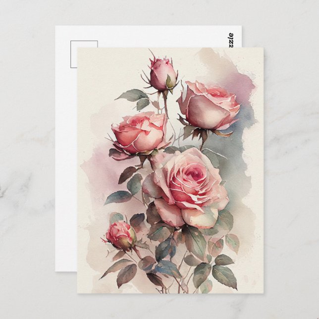 Postal Rosas rosadas vintage acuarela  (Anverso / Reverso)