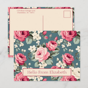 Postal Rosas rosadas vintage sobre azul profundo