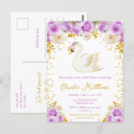 Postal Rosas Swan Purple y Gold Baby Shower