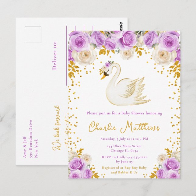 Postal Rosas Swan Purple y Gold Baby Shower (Anverso / Reverso)
