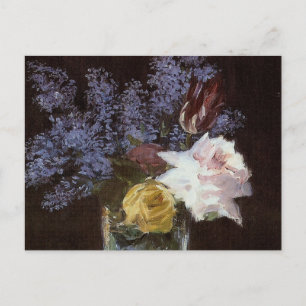 Postal Rosas, tulipanes, licores en una maleta de cristal