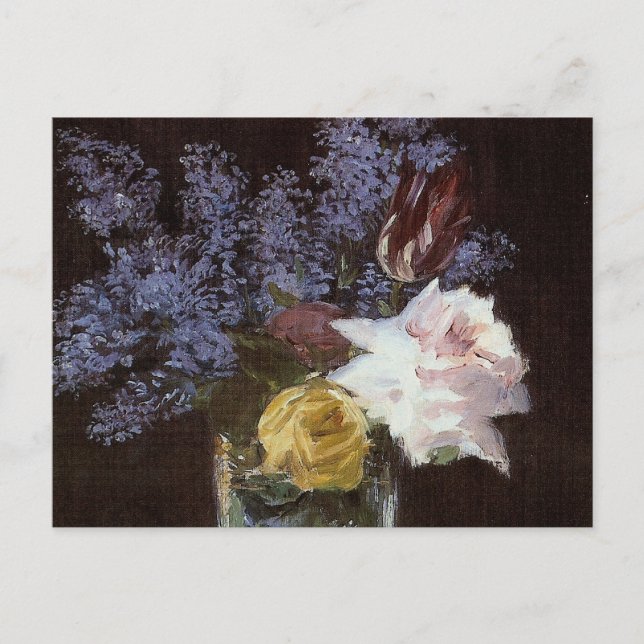 Postal Rosas, tulipanes, licores en una maleta de cristal (Anverso)