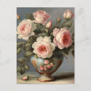 Postal Rosas Victorianas Rosadas en un Jarrón