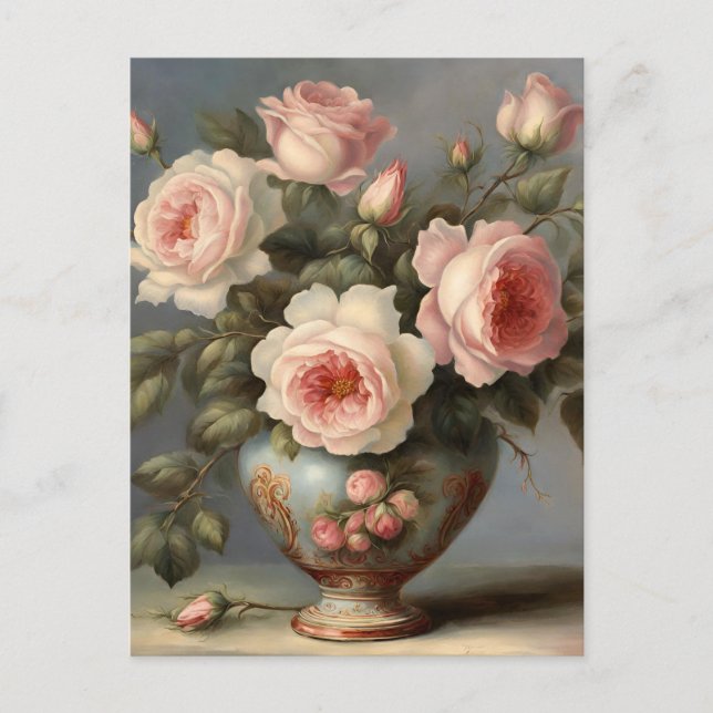 Postal Rosas Victorianas Rosadas en un Jarrón (Anverso)