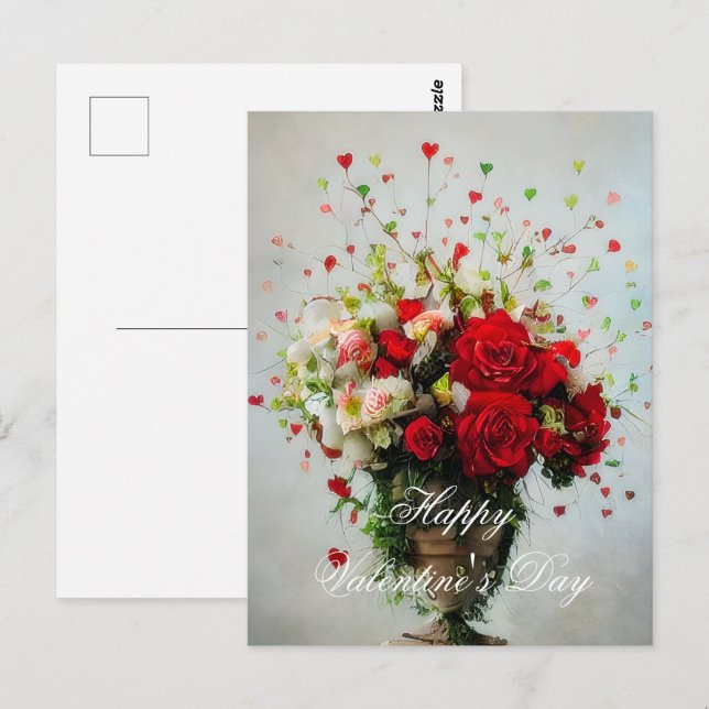 Postal Rosas y corazones ramo de San Valentín (Anverso / Reverso)