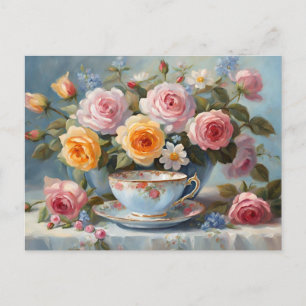 Postal Rosas y taza de té 