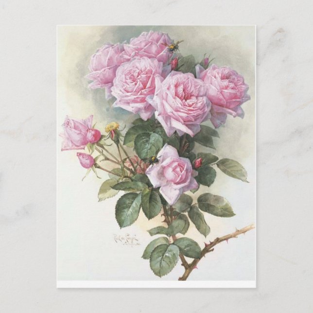 Postal Rosas y un abejorro de Paul de Longpre (Anverso)