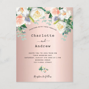 Postal Rose gold blush white florals wedding invitation