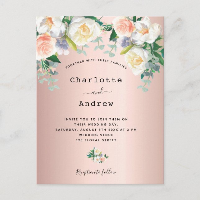 Postal Rose gold blush white florals wedding invitation (Anverso)