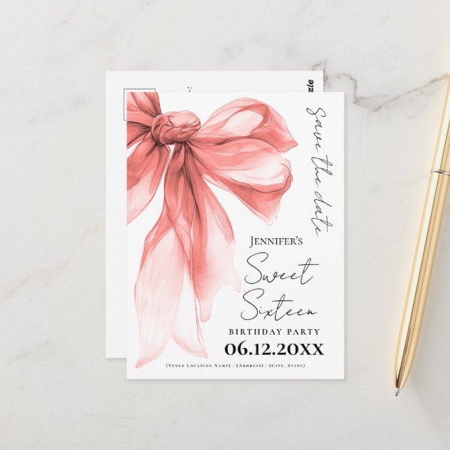 Postal Rose Gold Bow Coquette Sweet 16 Save the Date  (Anverso/Reverso In Situ)