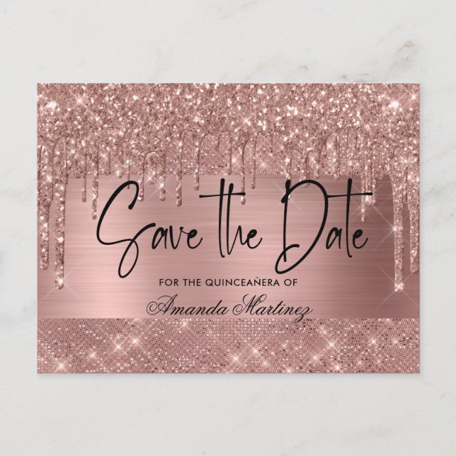 Postal Rose Gold Chic Quinceañera Salva La Fecha (Anverso)