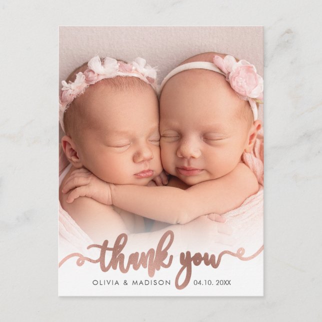 Postal Rose Gold Script Girl Twins Baby Photo Thank You (Anverso)