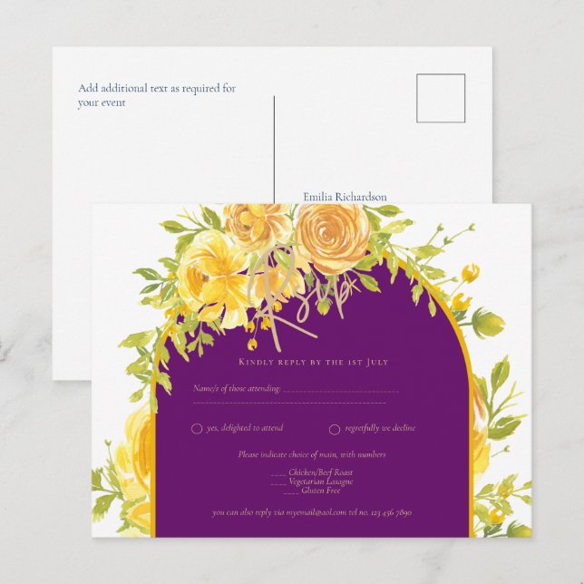 Postal Roses Amarillos Magenta Pluma Boda de Oro Púrpura (Anverso / Reverso)