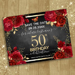 Postal Roses Rojos 50 cumpleaños Salven la fecha<br><div class="desc">Rosas rojas,  falsas hojas de Relieve metalizado de oro,  minúscula mariposa roja y dorada. Elegante diseño floral para cualquier celebración de cumpleaños. Fácil de personalizar con plantilla. Magnífico guardar el diseño de la plantilla de cumpleaños de fecha.</div>