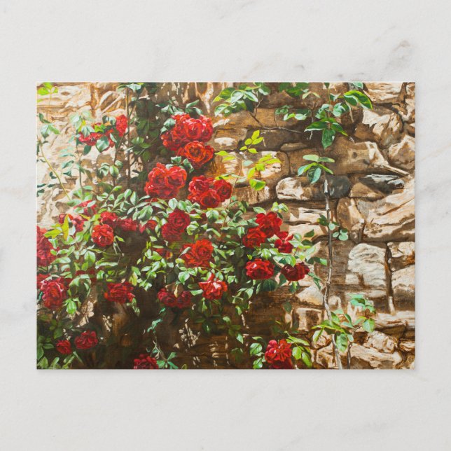 Postal Roses rojos contra un muro de piedra (Anverso)