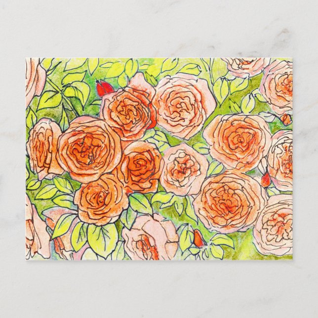 Postal Roses rojos, hojas verdes Rosa boceto de flores en (Anverso)