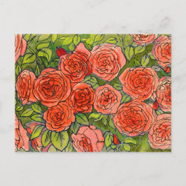 Postal Roses rojos, hojas verdes Rosa boceto de flores en
