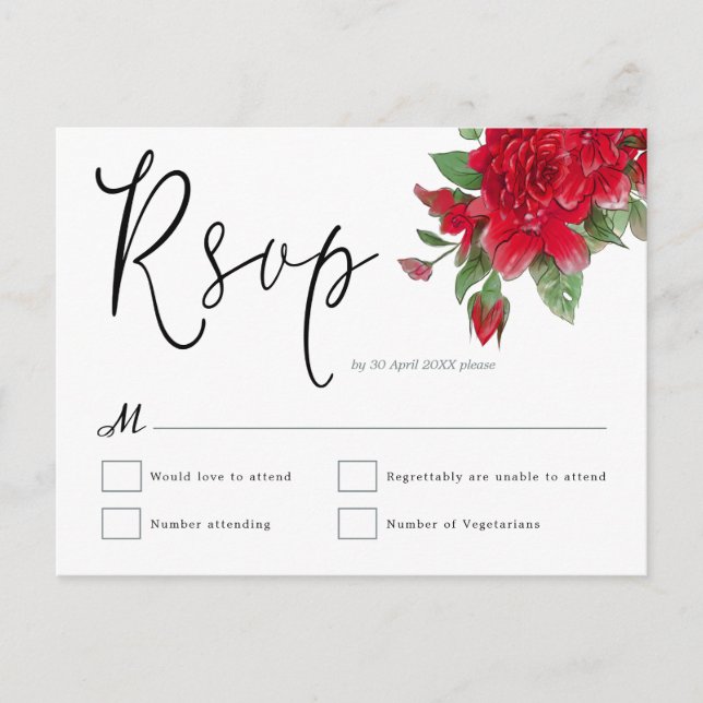 Postal Roses Roses Rojos Florales Leaf Script Wedding RSV (Anverso)