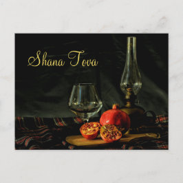 Postal Rosh Hashanah, granadas de pomegranía, vino y lámp