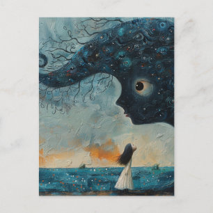 Postal Rostro azul surrealista y un Chica