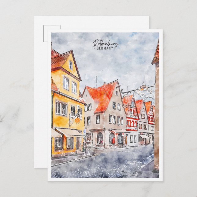 Postal Rothenburg Alemania vintage acuarela (Anverso / Reverso)