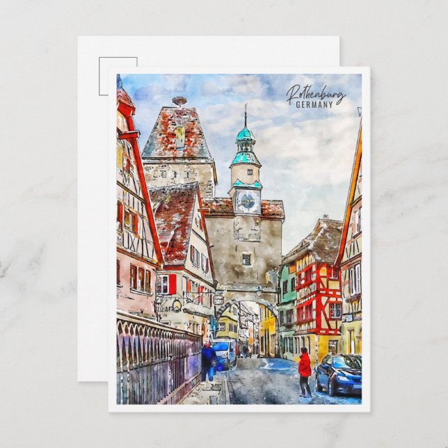 Postal Rothenburg Alemania vintage acuarela (Anverso / Reverso)