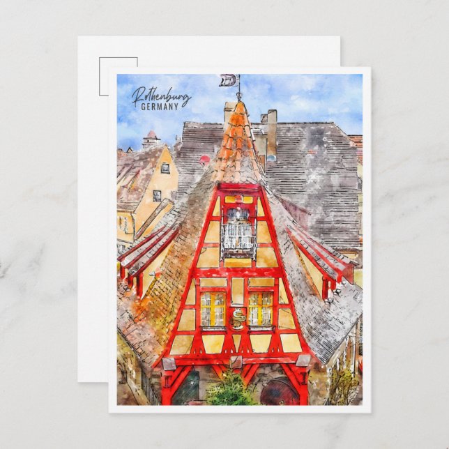 Postal Rothenburg Alemania vintage acuarela (Anverso / Reverso)