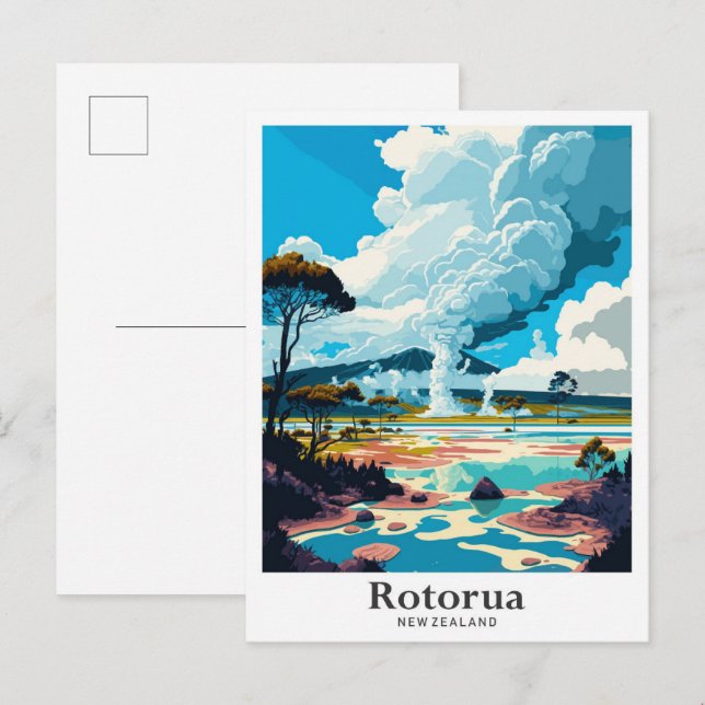 Postal Rotorua Ilustracion de Viajes de Nueva Zelanda (Anverso / Reverso)