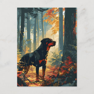 Postal Rottweiler en un bosque durante la puesta de sol