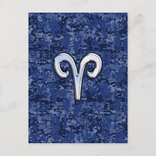 Postal Rótulo Aries Zodiac en camo digital azul de la mar