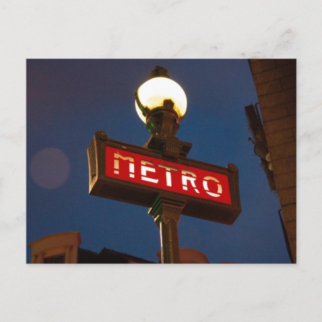 Postal Rótulo clásico del Metro Rojo con lámpara de calle (Anverso)