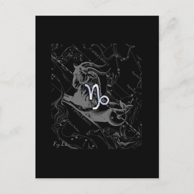 Postal Rótulo cromado como Capricornio Zodiaco en Heveliu (Anverso)